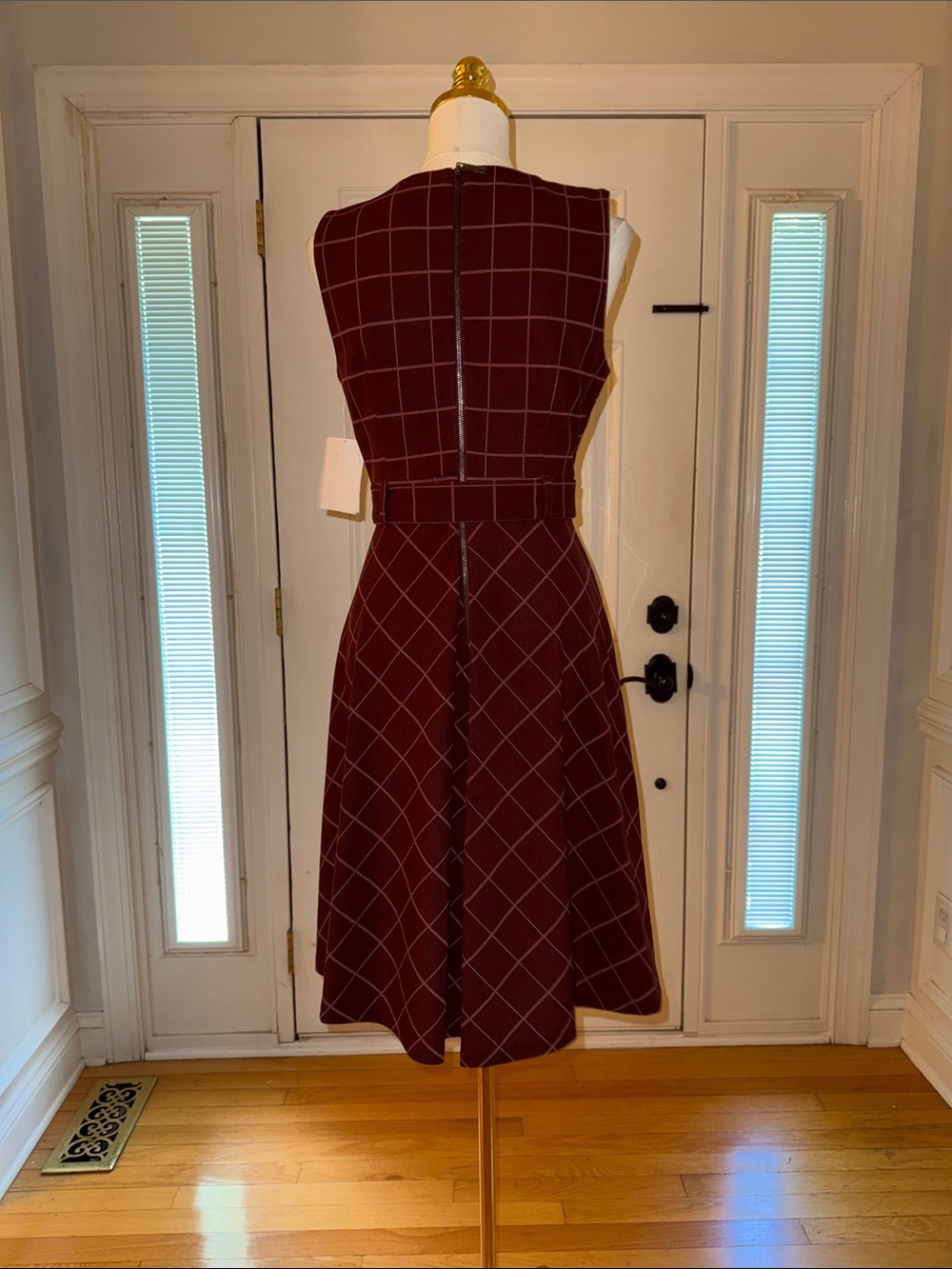 Calvin Klein Burgundy Windowpane Midi Dress with Tie Belt - Picture 6 of 7